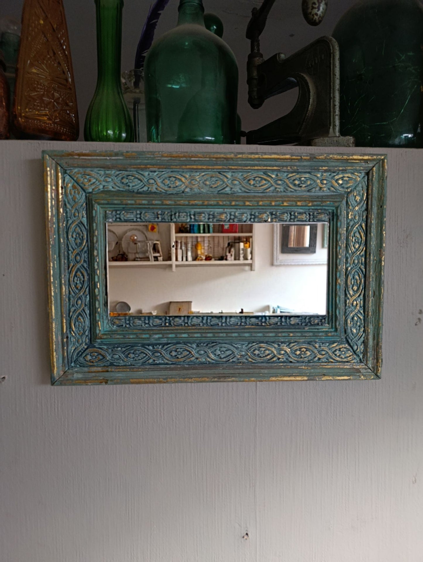 Espejo Decorativo Turquesa y Dorado Rectangular 43x29cm