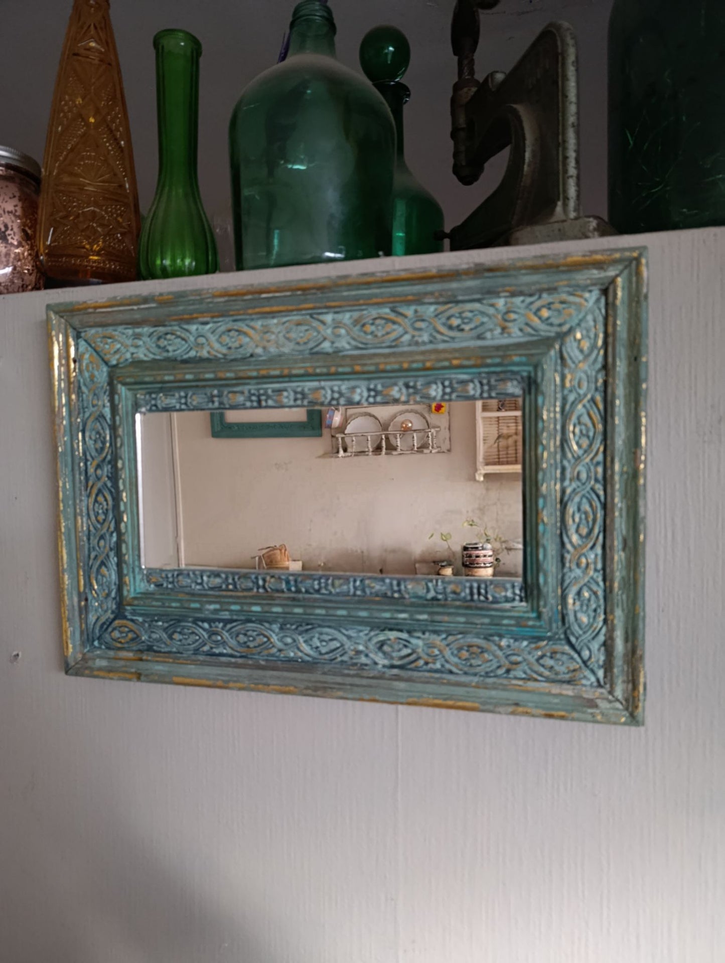 Espejo Decorativo Turquesa y Dorado Rectangular 43x29cm