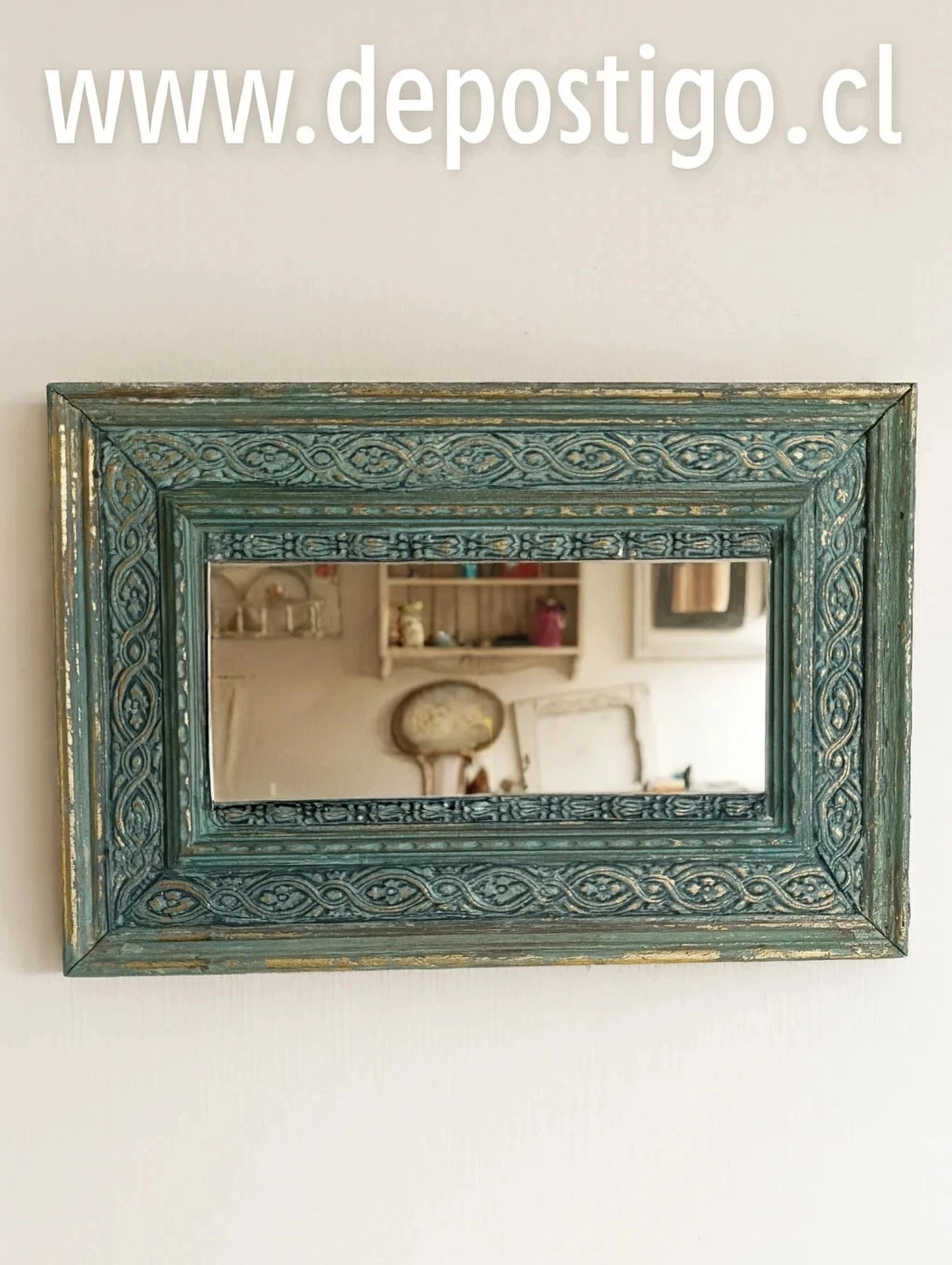 Espejo Decorativo Turquesa y Dorado Rectangular 43x29cm