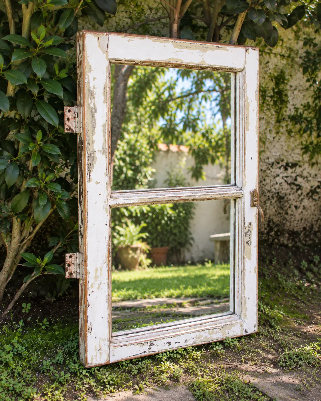 Detalle del lado izquierdo y pintura envejecida del espejo ventana antigua