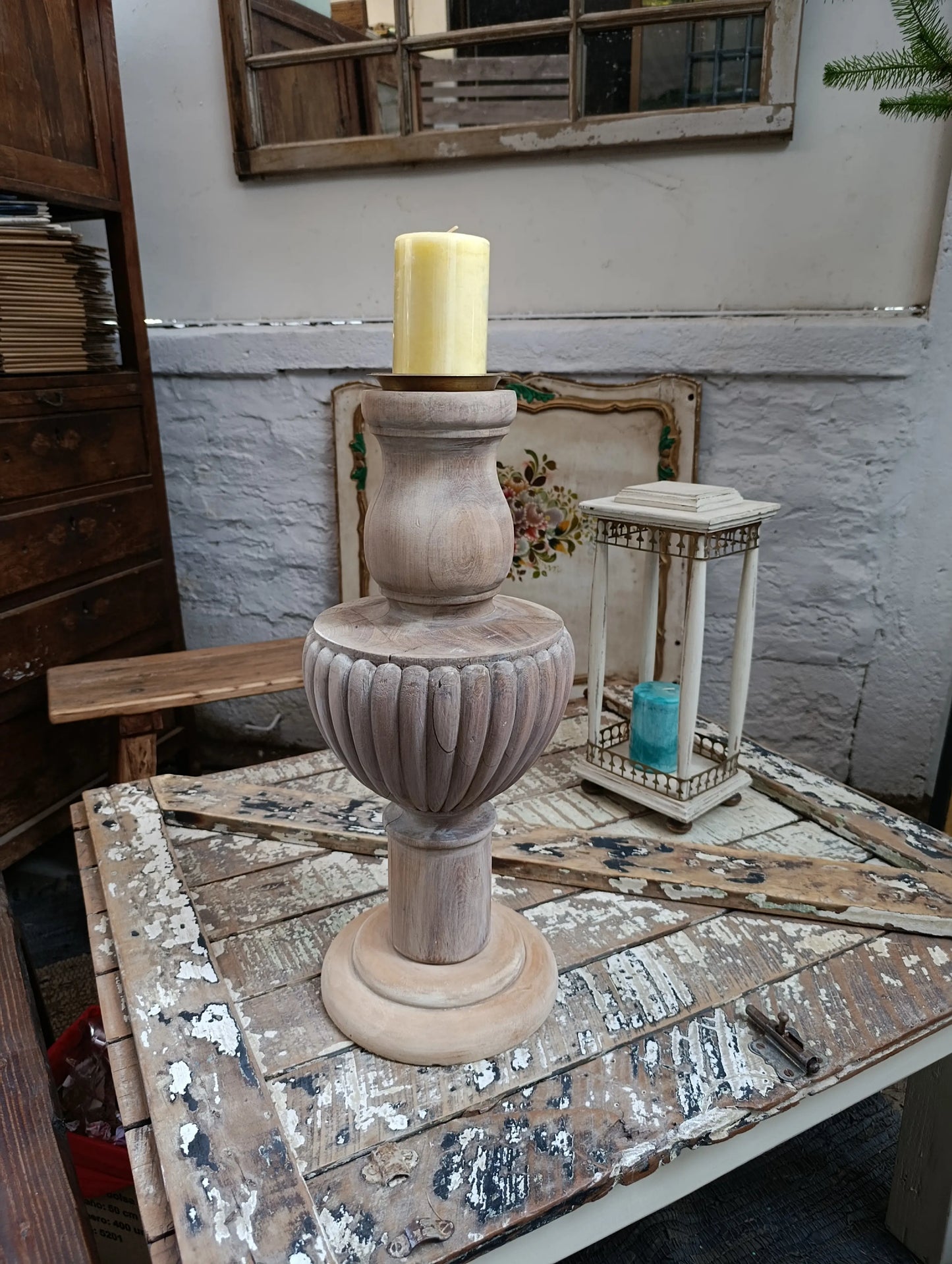 Candelabro de madera y  Bronce Vintage