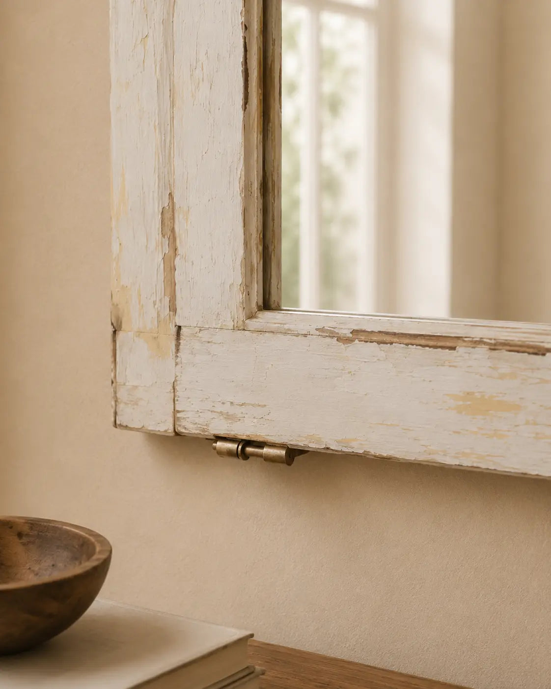 Espejo ventana de madera Tepa – detalle de bisagra dorada inferior