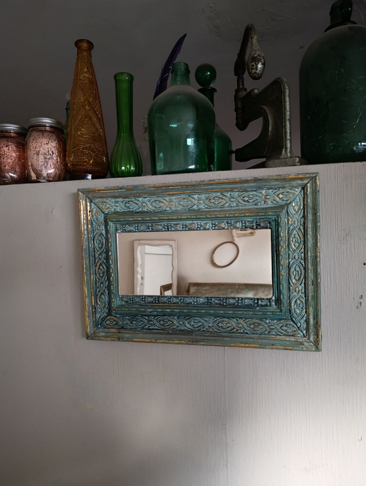 Espejo Decorativo Turquesa y Dorado Rectangular 43x29cm