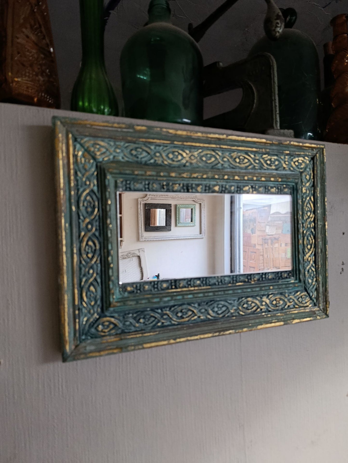 Espejo Decorativo Turquesa y Dorado Rectangular 43x29cm