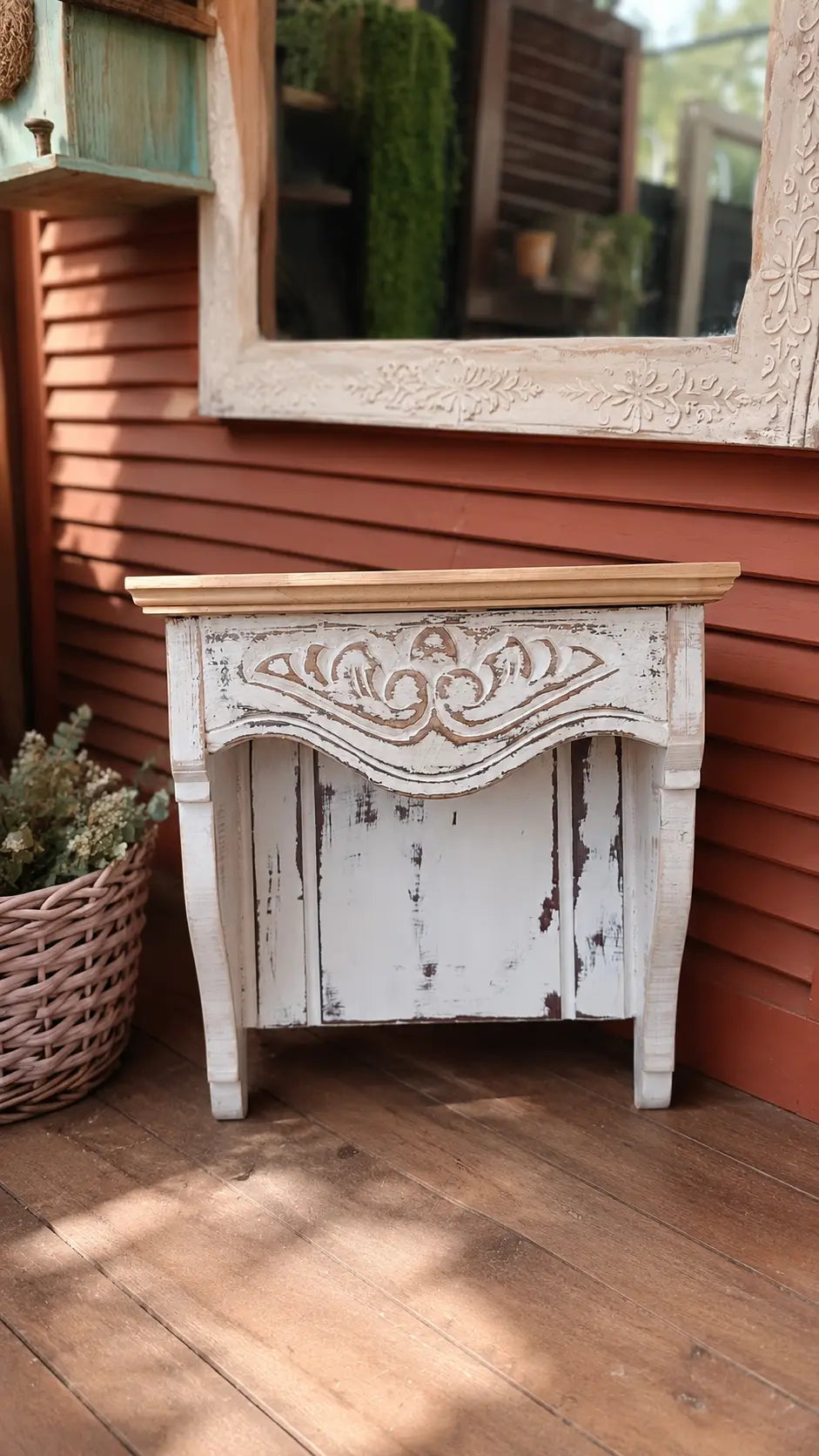 Repisa tallada upcycled vista frontal – blanco envejecido con talla floral
