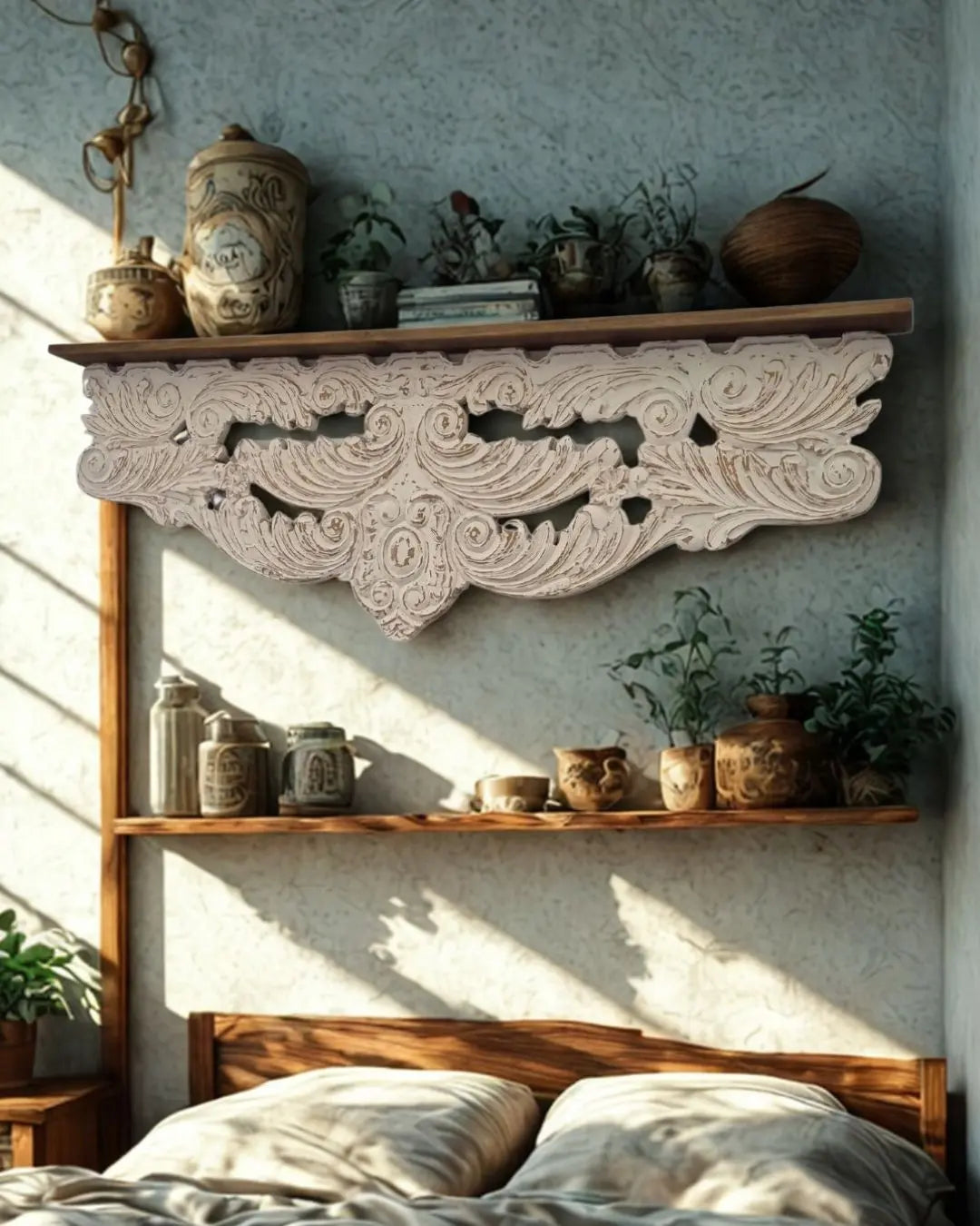 Respaldo de cama de madera tallada blanco vintage
