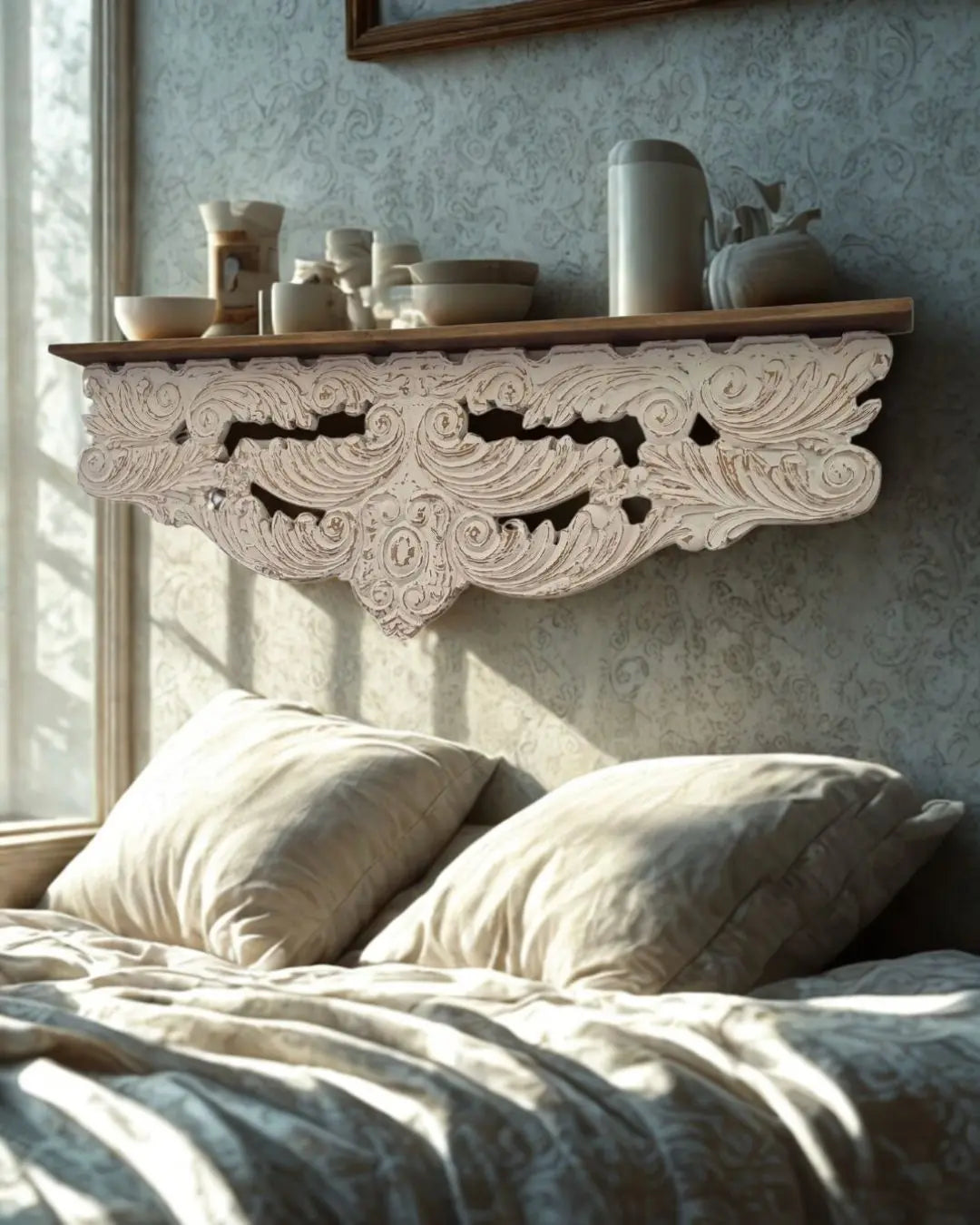 Respaldo de cama de madera tallada blanco vintage