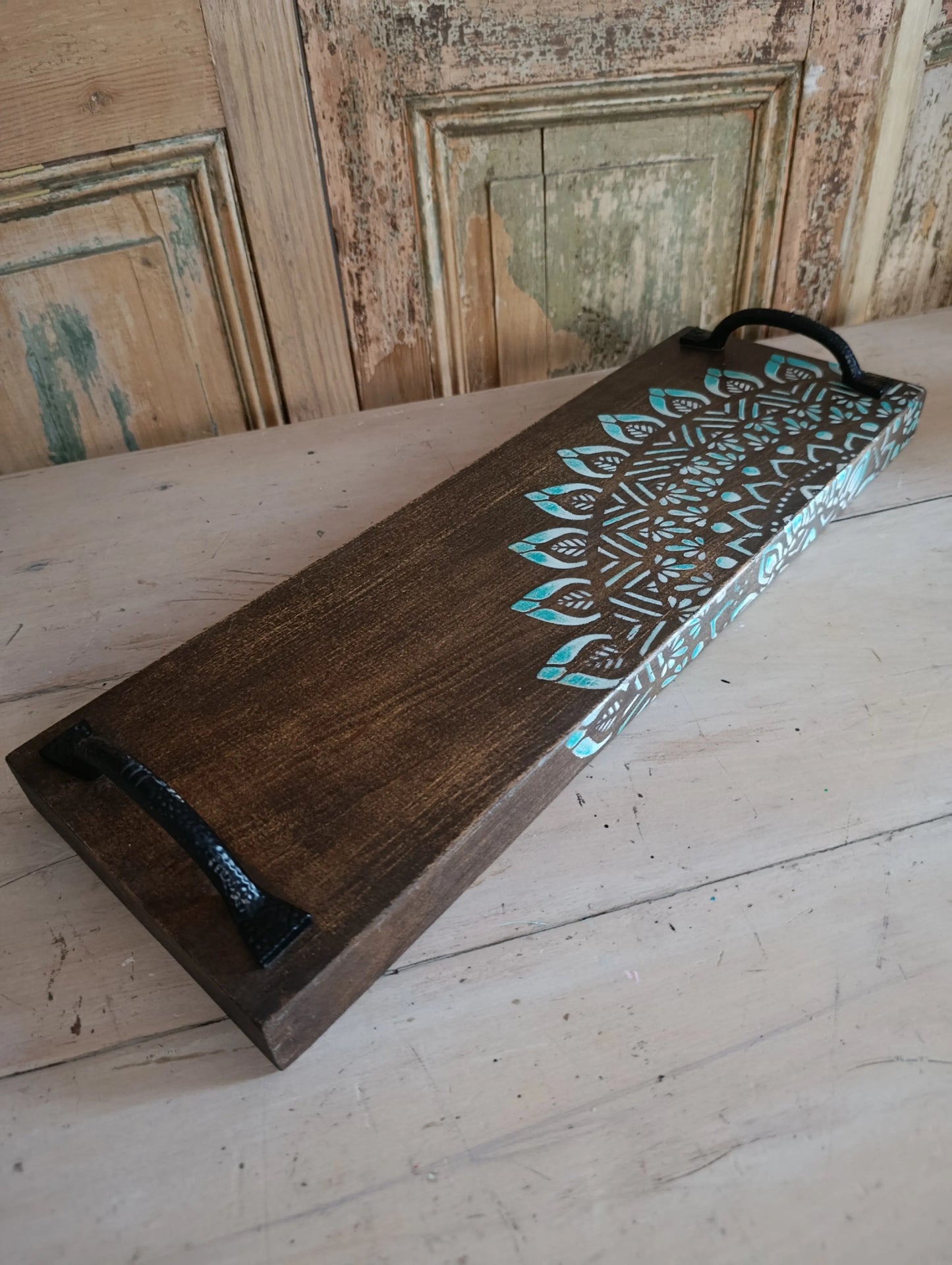 Tabla / Bandeja de Madera con Mandala Pintado a Mano