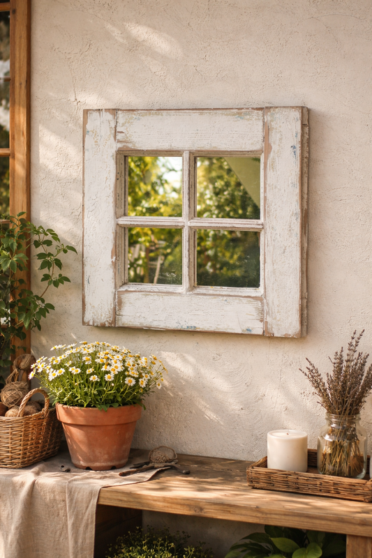 Espejo Ventana Antigua de Raulí Blanco Decapado 35x35cm