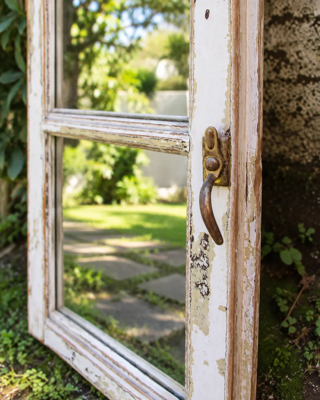 Detalle del pestillo y acabado decapado del espejo ventana antigua
