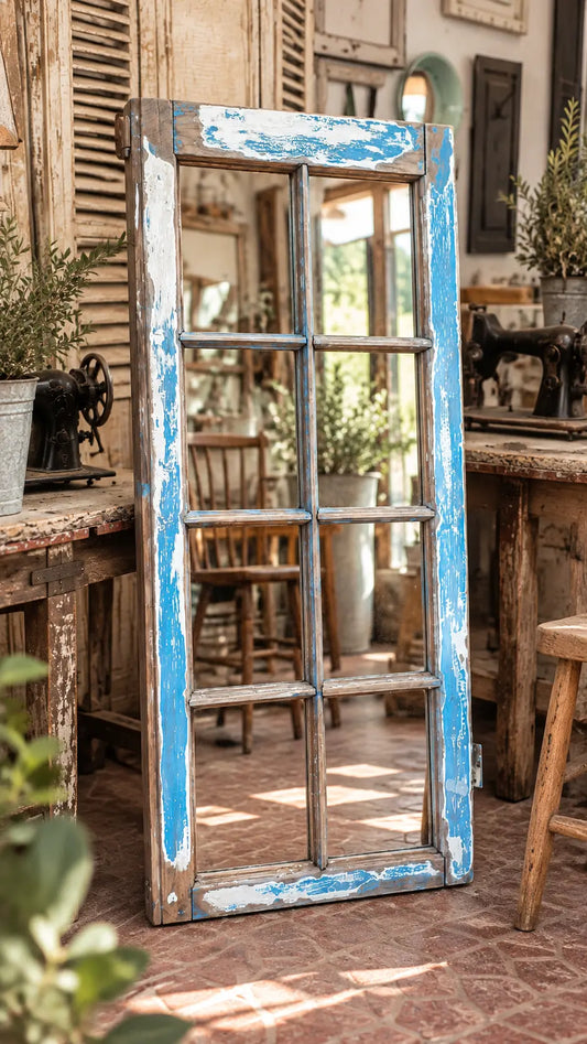 Espejo Tipo Ventana Rústico Vintage en Madera Decapada Azul (125 x 60 cm)